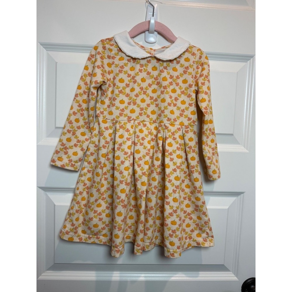 Rachel Riley Girls Pumpkin Autumn Leaf Peter Pan Collar Dress 3Y Orange Cream